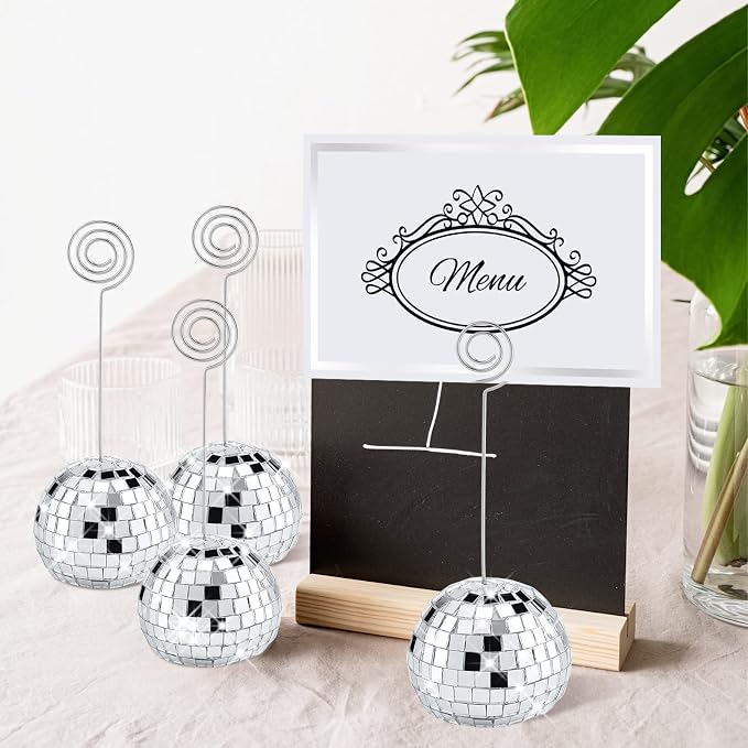 Maitys 20 Set Disco Ball Table Number Holders Silver,60pcs/20 Set,2 Inch | Swirl Wire Clips for Place Cards, Name Tags, Photo Stand, Wedding Bachelorette Party Decor, Includes 40 Blanks for Guests - Image 7
