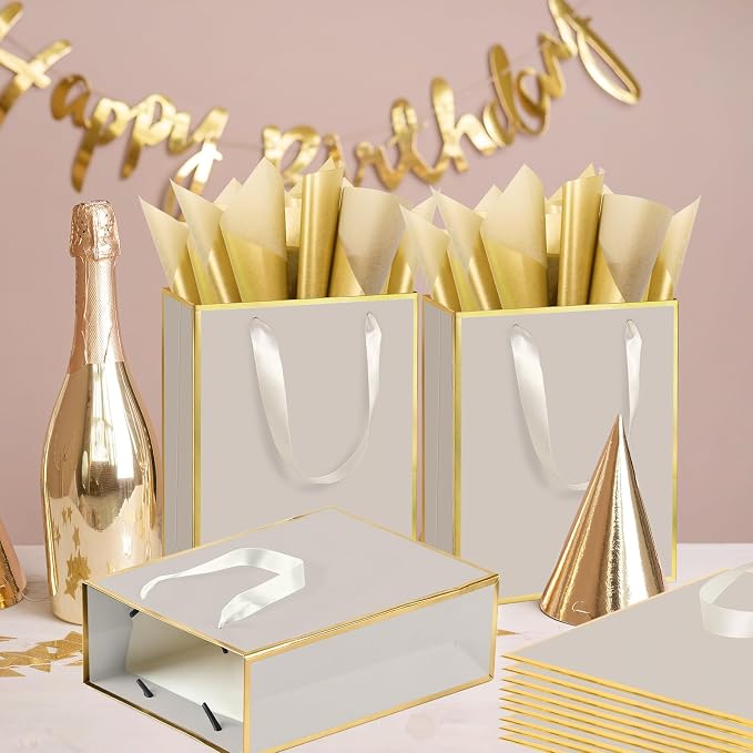 Epoesch 24 Pack Gift Bags with Handles & 24 Tissue Papers – 8x5x10 Inches | Champagne with Gold Edge for Birthday, Weddings, Baby Showers, Holidays, Christmas, Thank You & Welcome Gifts - Image 7