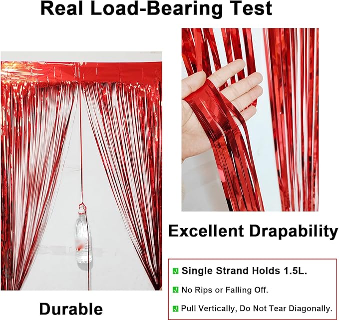 2 Pack Thickened Red Metallic Foil Fringe Curtains Streamer Rip Resistant Shimmer Tinsel Photo Booth Backdrop for Birthday Wedding Christmas Bachelorette Party Decorations 3.28ft x 6.56ft