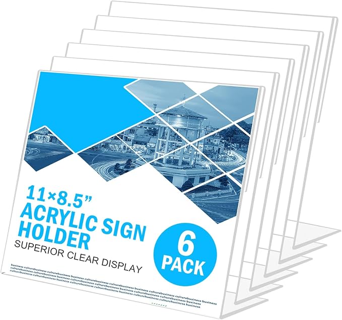 Acrylic Sign Holder 8.5 x 11 Horizontal 6 Pack Slant Back Acrylic Stands for Display Plexiglass Clear Acrylic Display Stands for Ad Frame, Picture Photo Frames, Promotions, Restaurants, Office by COYMOS