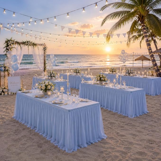 CO-AVE 2pack Dusty Blue Tulle Tablecloth for 6 Foot Rectangular Tables, 2-in-1 Elastic Stretch Spandex Cover with Tutu Ruffle Skirt, Wrinkle Free for Wedding, Birthday, Banquet, Buffet, Bridal Shower - Image 3