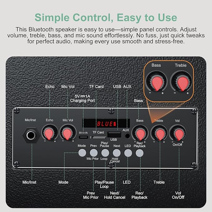 Portable Karaoke Machine with 2 Wireless Microphones, Bluetooth Speaker with Lights and Trolley Wheels, 6600mAh Rechargeable PA System, FM/AUX/USB/TF, Remote, Bass/Treble/Echo Adjust, Ideal for Party