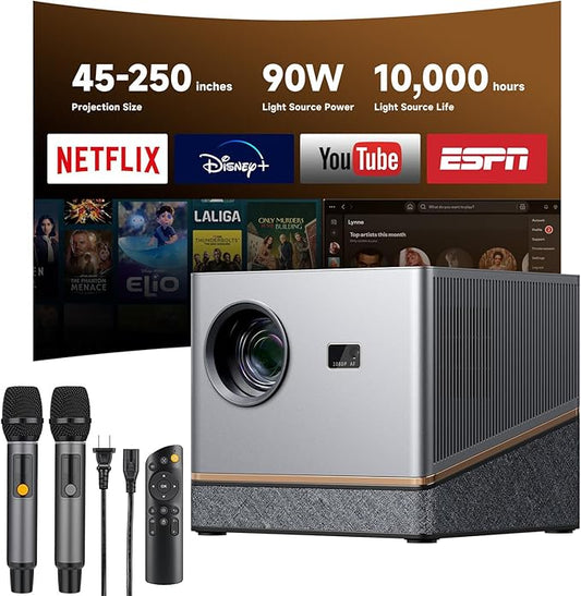 Moukey MTV30 All-in-One Karaoke Machine Projector, with Dual 4-inch Woofers, 40W RMS 120W Peak Power, Powerful Sound, Passive Radiator, Smooth System, Supports 45-250" Giant Screen Projection