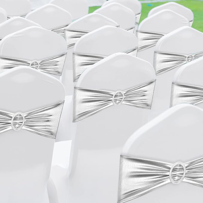 CHENGU 150 Pcs Silver Chair Sashes with Buckle, Stretch Bands - Image 4