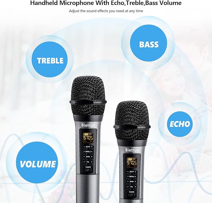 Bietrun Wireless Microphones with Echo,Treble,Bass&Bluetooth,160FT Range,Portable UHF Handheld Karaoke Dynamic Microphone System with Rechargeable Receiver for Karaoke,Singing,Amp,PA System,DJ,Stage
