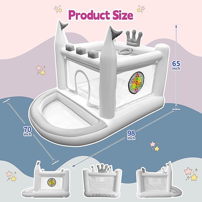 Inflatable Bounce House for Kids Ages 3-8, 5 in 1 Small Bouncy Castle Outdoor, Jumper, Ball Pit, Basketball Hoop, Rings, Target Game Pump Included, White