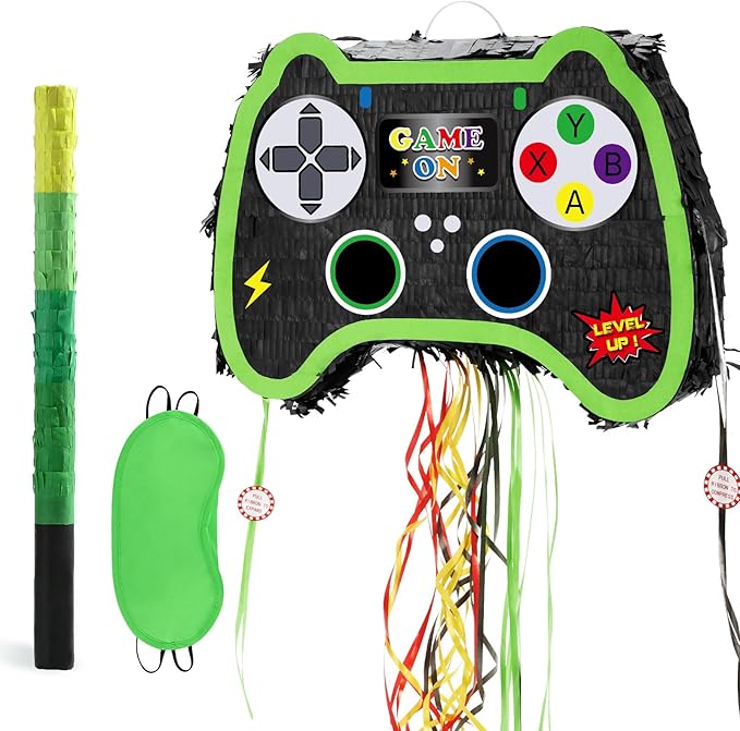 WERNNSAI Foldable Video Game Piñata - Pull String Gaming Birthday Party Supplies Extendable Piñata with Blindfold Bat and Tassels Game On Birthday Party Decoration Folding Piñatas for Classroom Game