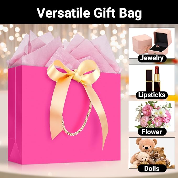 EUSOAR Hot Pink Gift Bags, 12pcs 10.6"x3.1"x8.3" Shopping Paper Bags with Bow Ribbon Handle, Party Favor Kraft Paper Bags Thank You Gift Treat Bags for Merchandise Shopping Wedding Birthday - Image 3