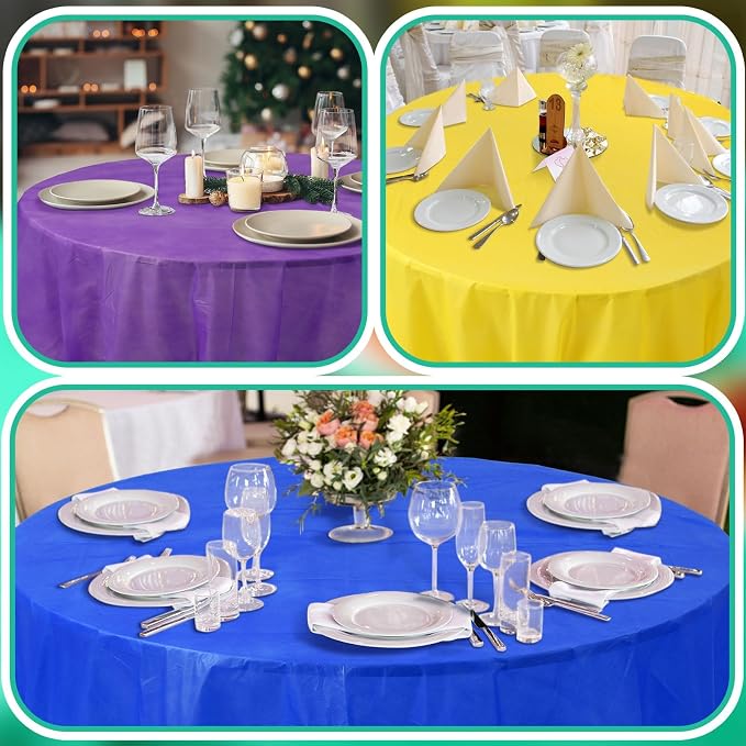 Ganeen 12 Pcs Colorful Tablecloth Neon Party Decorations 84 Inch Round Rainbow Table Cloths Plastic Tablecloth Disposable Round Plastic Pastel Table Cover for Wedding Birthday Party - Image 6