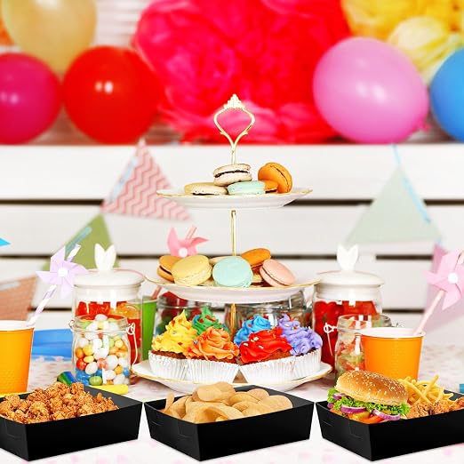 Uiifan 50 Pcs 5 lb Extra Large Paper Food Trays Disposable Food Boat Nacho Plate Serving Snack Trays Grease Resistant Self-assembly for Back to School Party Birthday Wedding Supply (Black) - Image 2