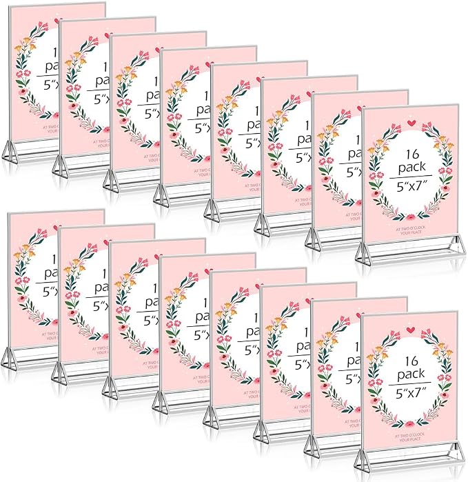 16 Pack 5x7 Clear Acrylic Sign Holders with Silver Borders and Vertical Stand, Double Sided Display Acrylic Table Number Holder for Desktop Table Menu, Wedding, Party, Restaurant by Adboros