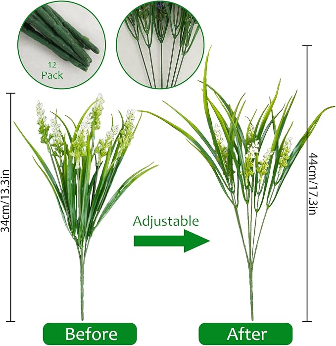 obbsie 12 Bundles Artificial Plants Outdoor, 18.2" UV Resistant Faux Monkey Grass Greenery Stems No Fade Faux Plastic Flowers Shrubs for Home Weddings Garden Porch Front Patio Office Decor- White - Image 4