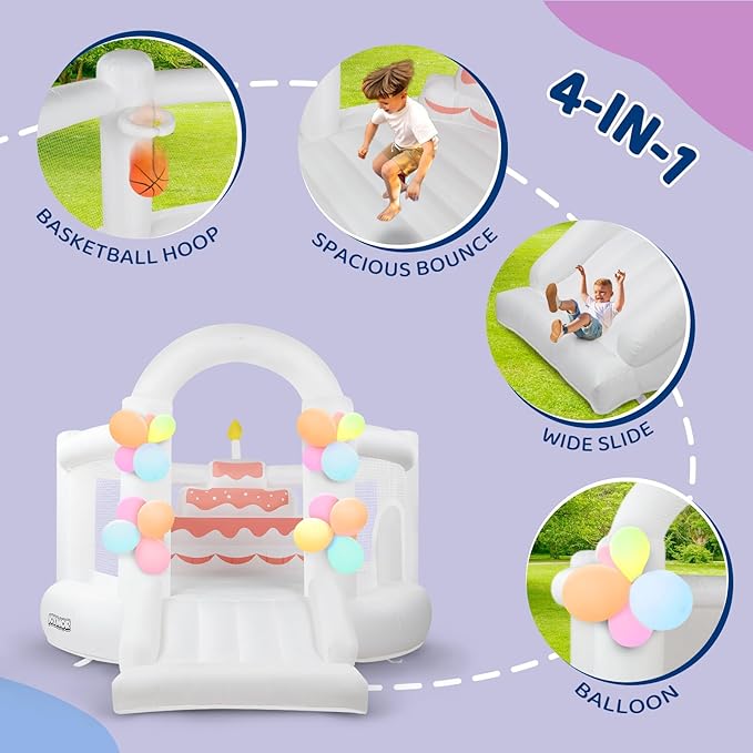 (2025 New) JOYMOR Bounce House for Kids (12FTx10FTx7.2FT) with Slide, Balloons, Spacious Bouncer, White Bounce House for Kids Birthday Party w/Blower 30s Set-up, Portable Bag (Cake)
