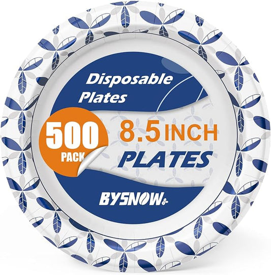 BYSNOW 500 Pack 8.5 inch Heavy Duty Paper Plates Disposable | Thickened Bulk Plates, Leak And Soak Proof For Dinner, Party, Birthday, Picnic, Banquets, Catering Events, Barbecues by BYSNOW