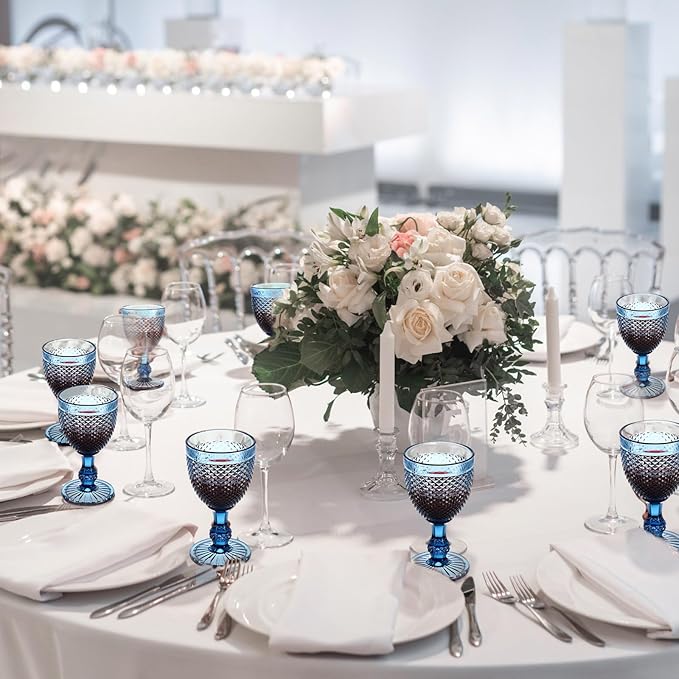 Bokon 12 Pack Blue Glass Goblets Set 10 oz High Clear Wine Glass Vintage Water Goblets Cups Embossed Diamond Design Glassware with Stem for Drinking Juice Liquor Party Wedding Bar