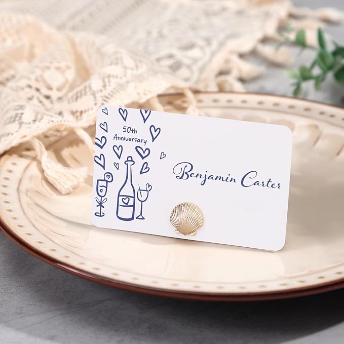 UNIQOOO 24Pcs Decorative Gold Shell Place Card Holders Bulk, Scallop Name Card Stands Set, for Beach Wedding Decor Coastal Favors, Table Setting, Business Card, Name Tag, Party Food Labels