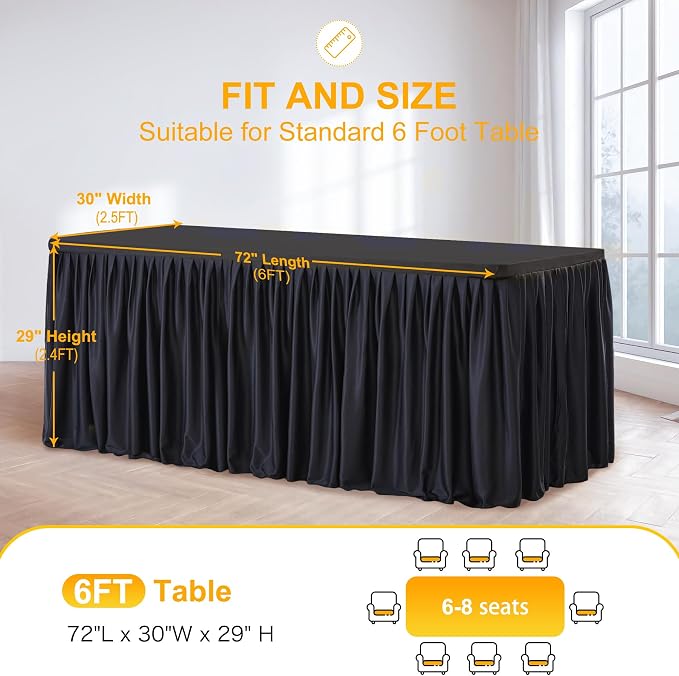 Wish Care Black Table Clothes for Rectangle Tables 6ft, Wrinkle Resistant Fitted Table Cloth with Pleated Ruffle Skirts for Banquet Wedding Baby Shower Folding Tables - Image 4