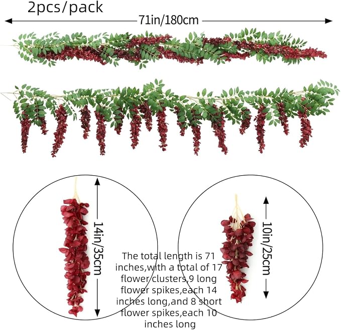 Encrypted Flower Vine Wisteria Artificial Garland Hanging (Wine Red, 2pcs) | AROIUO Flower Garland Decorations for Home Garden Outdoor Ceremony Wedding Arch Decoration 71 inches - Image 2