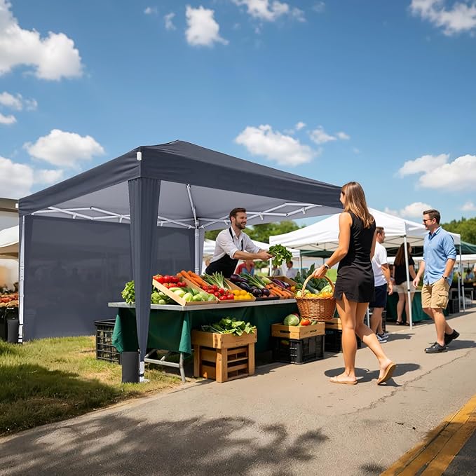 10x10 Pop Up Canopy with Sidewalls, Instant Portable Canopy Tent with Carry Bag for Commercial Events, Camping, Parties - Dark Grey