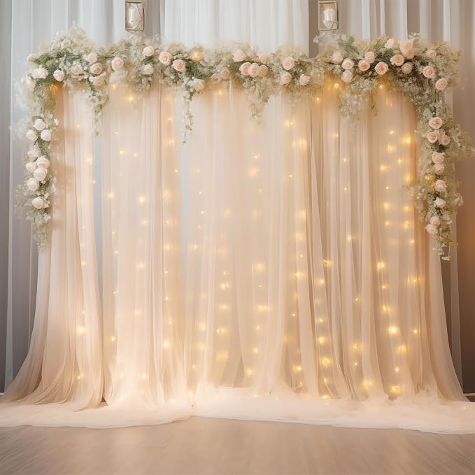 10ft x 8ft Champagne Backdrop Curtain with Lights String for Parties, Sheer Tulle Wedding Photo Backdrops Drapes for Baby Shower Birthday Party Decorations Background for Photography - Image 7