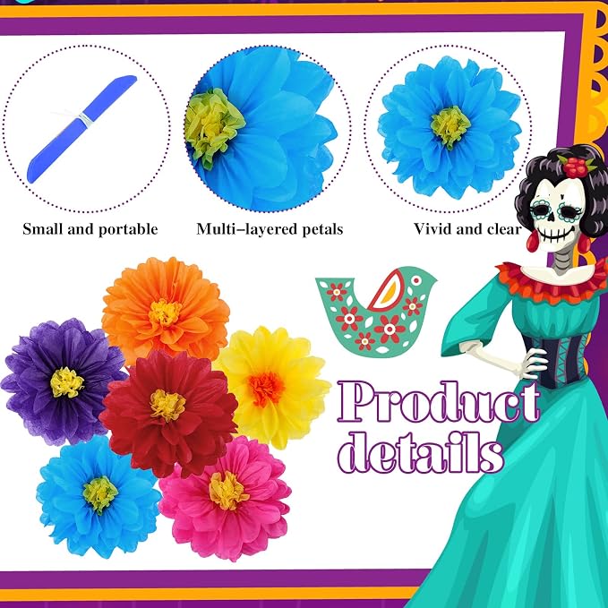 Geyee 36 Pcs Mexican Paper Flower Colorful Tissue Paper Flower, 10" 12" 14" | Fiesta Tissue Crepe Paper Flowers Pom Poms Mexican Carnival for Floral Party Backdrop Wedding Birthday Party Craft - Image 3