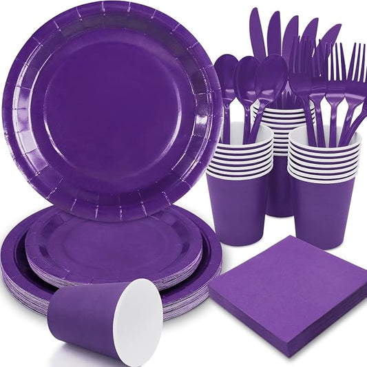 Purple Paper Plates Party Supplies,168pcs Purple Plates and Cups and Napkins Set for Mardi Gras Birthday Decorations Disposable Dinnerware Sets for Girls Birthday, Wedding,Halloween Serve 24 by Gudvilla