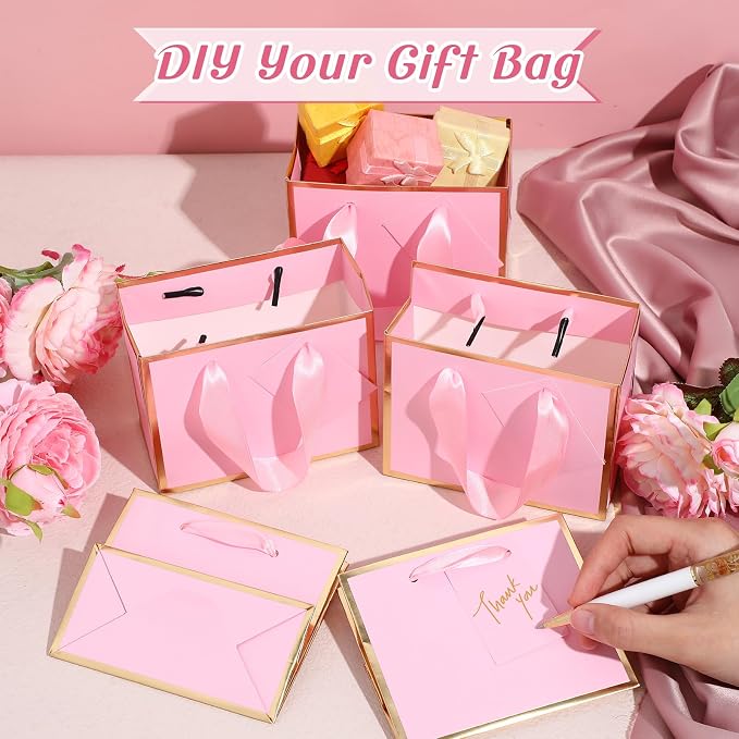 Yeaqee 25 Pcs Mini Metallic Paper Gift Bags with Handle, Pink, Gold | 4.75x2.25x4'' Small Gift Bag with DIY Tag, Tiny Thank You Party Favor, Wedding Baby Shower Birthday Back to School Jewelry - Image 4
