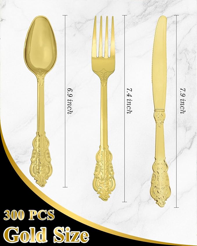 Goodluck 300 Pack Gold Plastic Silverware Set – Heavy Duty Disposable Cutlery, Includes 100 Forks, 100 Spoons, 100 Knives, Elegant Vintage Design for Weddings, Parties, Thanksgiving, and Daily Use