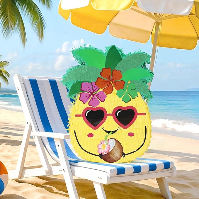 Pineapple Pinatas Bundle with a Blindfold and Bat (15.4x13x4 Inches), Perfect for Summer Beach Theme Birthday Party Supplies, Hawaiian Tropical Fruit Party Decoration Games