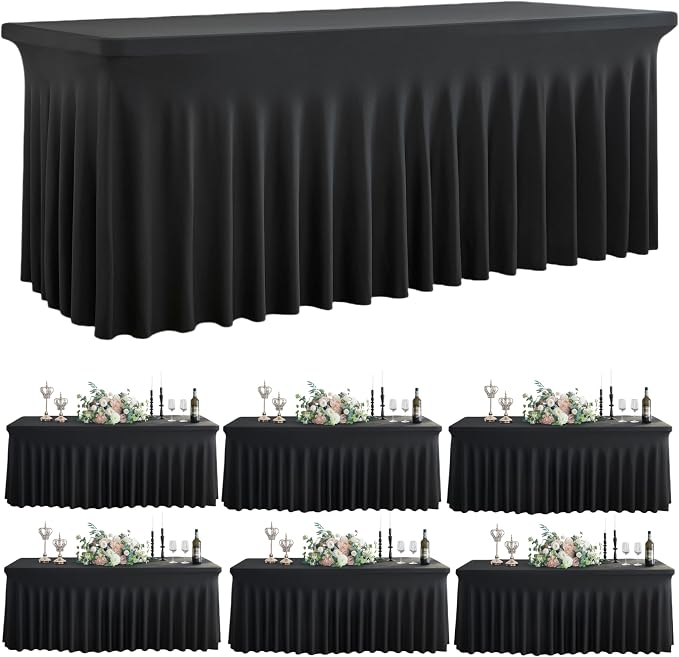 Spandex Tablecloth 6FT Rectangle Table Cover 6 Pack Black Wrinkle-Free by Outpain