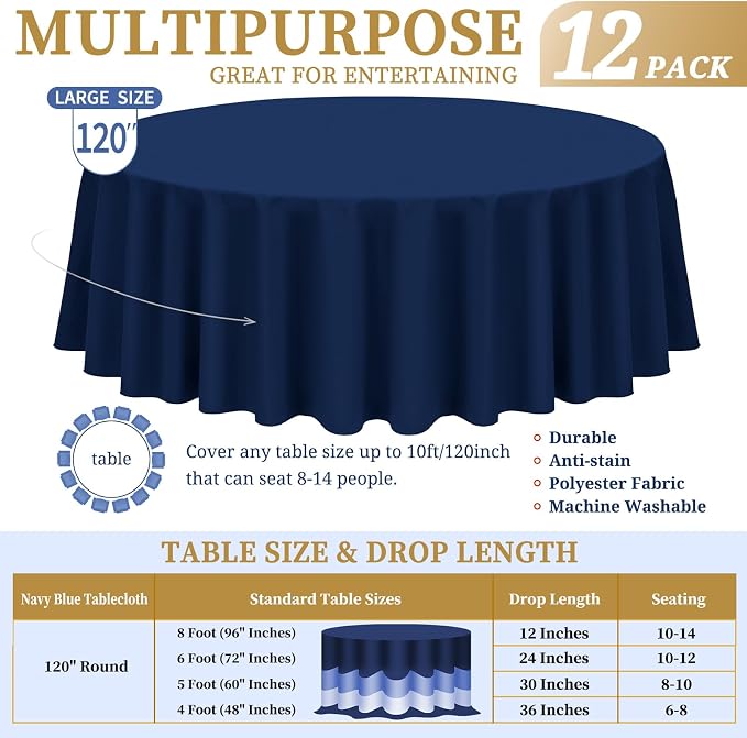 Showgeous 12 Pack Navy Blue Polyester 120 Inch Round Tablecloths | Soft polyester, wrinkle resistant, fade resistant, smooth finish, fine stitching, folded hems, reusable, machine washable - Image 2