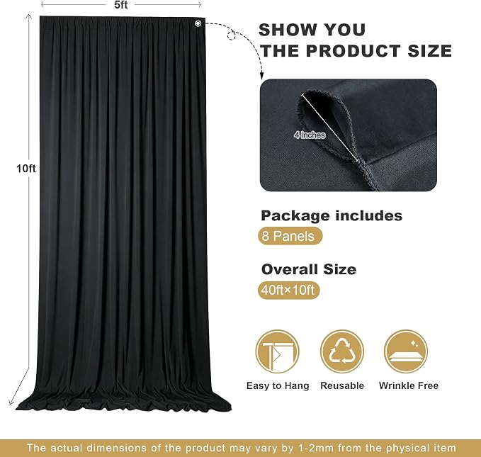 40x10ft Black Backdrop Curtains for Parties, 8 Panels 5x10ft Wrinkle-Free Polyester Background Curtains for Wedding, Birthday, Baby Shower,Graduation, Decorations - Image 5