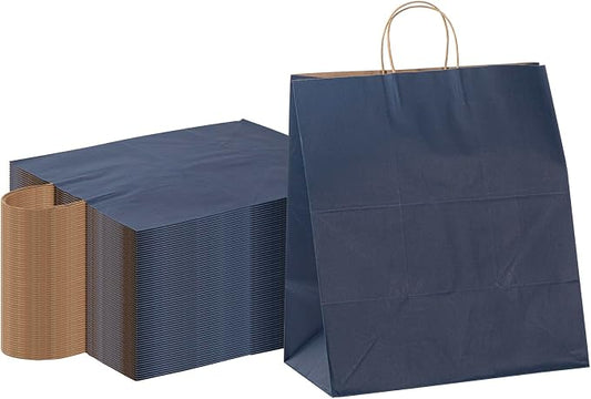 Restaurantware-Saving Nature 15.9 x 9.8 x 17.3 Inch Shopping Bags, 100 Large Retail Bags With Handles - Sustainable, Durable, Dark Blue Paper Merchandise Bag, For Wedding, Birthday Party Favor by Restaurantware
