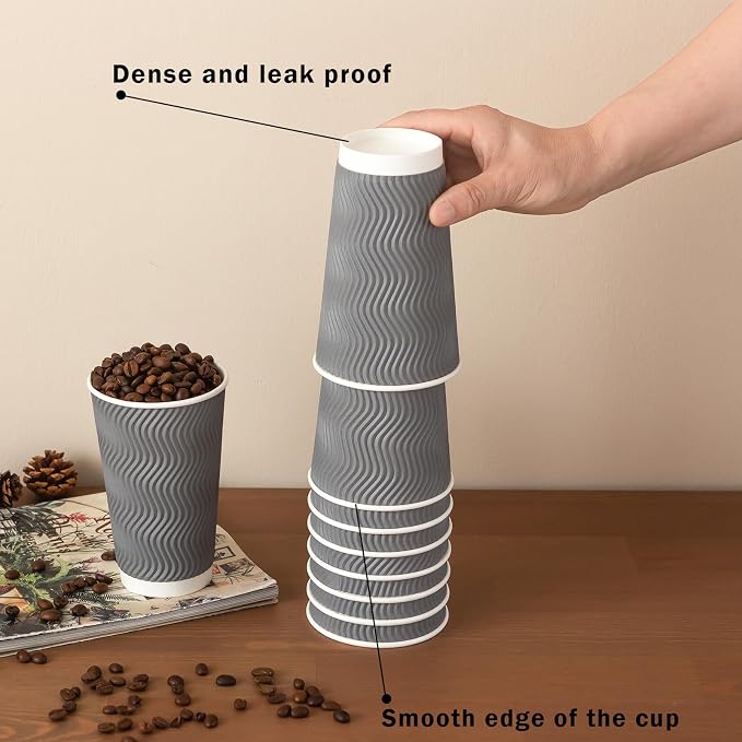 Clawsoff 90 Pack 16 oz Coffee Cups Disposable Insulated Paper Cup Gray | Premium Sturdy Ripple Wall, Ideal For Hot Beverage or Cold Drinks , Office, Home, Cafe, Party, Travel Daily Use - Image 4