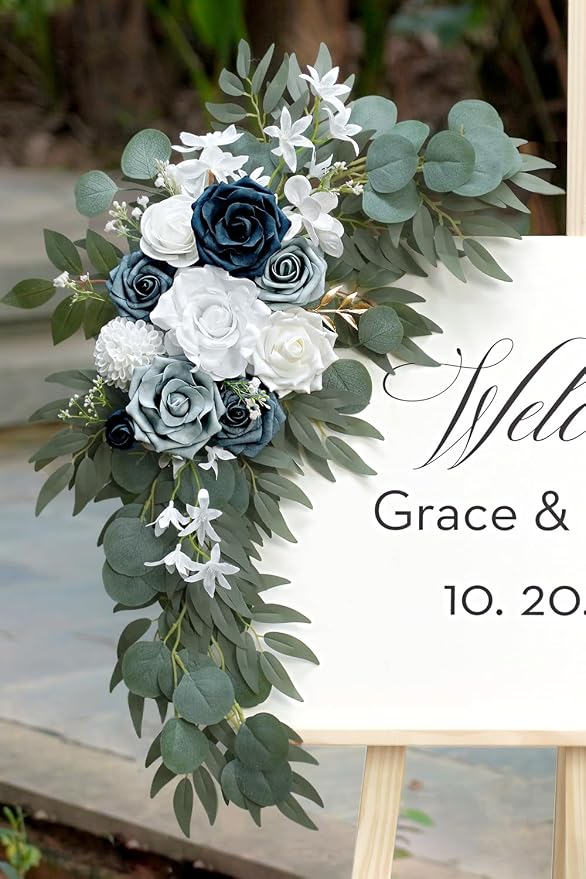 Olalaka Dusty Blue Flower for Wedding Welcome Signs Decorations, Artificial Wedding Arch Flowers for Wedding Ceremony (Set of 2) - Image 4