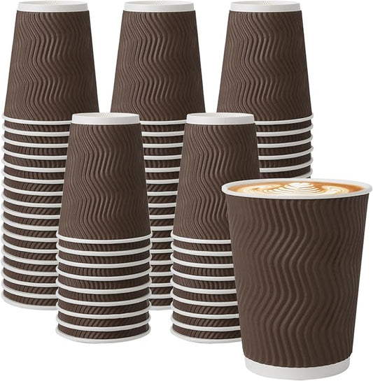 BYSNOW 150 Pack 12 oz Coffee Cups, Insulated Disposable Hot Paper Cups | Corrugated Ripple Wall Leakproof Drink Cups Without Lids Brown for Hot/Cold Beverages, Office, Home, Travel, Cafe, Party by BYSNOW