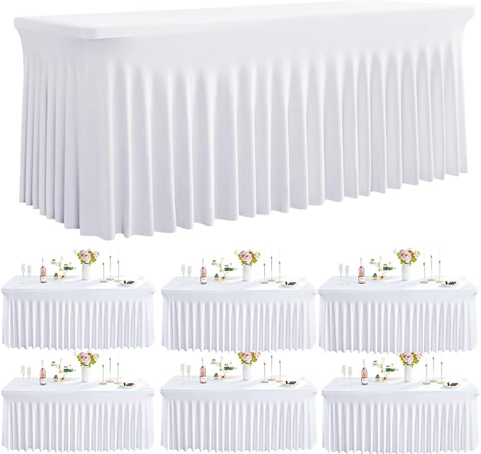 Spandex Tablecloth 6FT Rectangle Table Cover 6 Pack White Wrinkle-Free by Outpain
