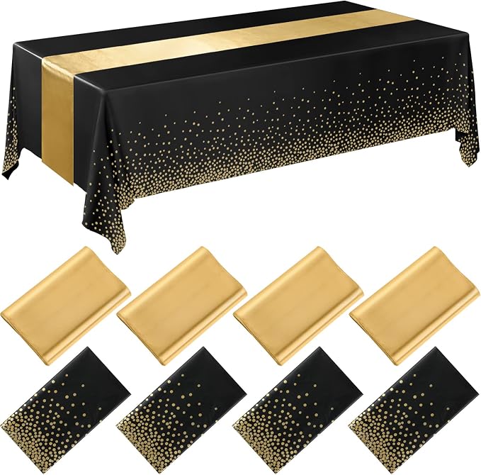 8 Pack New Year Black and Gold Disposable Plastic Tablecloths and Satin Table Runner Set, 54 x 108 Inch Tablecloth, 12 x 108 Inch Table Runners for Wedding Graduation Birthday Baby Shower by Breling