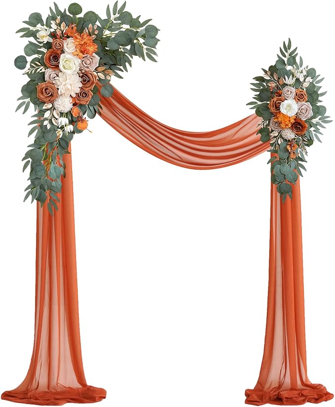 Olalaka Burnt Orange Artificial Wedding Arch Flowers Kit (Pack of 3) with 26Ft Terracotta Shiny Arch Draping Fabric for DIY Wedding Party Ceremony Reception Backdrop Floral Decoration by Love%C2%A0Every%C2%A0Bit%C2%A0of%C2%A0Life