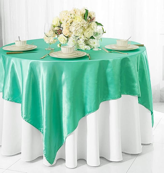 (2 PCS 54" Square Satin Table Overlays Toppers Tablecloths Table Overlay Cover Linens for Wedding Decoration Party Banquet Events - Tiff Blue/Aqua Blue