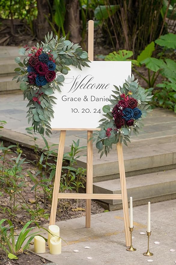 Olalaka Navy and Burgundy Flower for Wedding Welcome Signs Decorations, Artificial Burgundy Wedding Arch Flowers for Wedding Ceremony (Set of 2) - Image 3