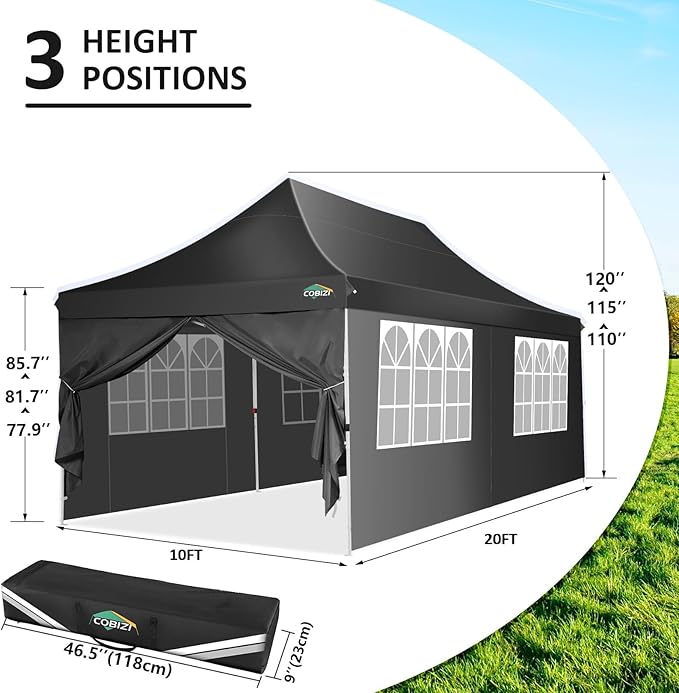 COBIZI 10x20 Pop Up Canopy with 6 Sidewalls, Conical Canopy Tents for Parties, Backyard, Commercial, Waterproof Event Tent Instant Shelter UV50+ Outdoor Gazebo with 4 Sandbags (Peak Drainage)