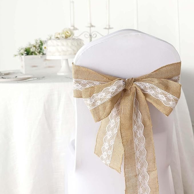 Efavormart 5"x108" | Natural Burlap with Lace Chair Sashes Covers, Hessian Fabric Rustic Jute Chair Sashes Covers, Chair Bow - Image 2