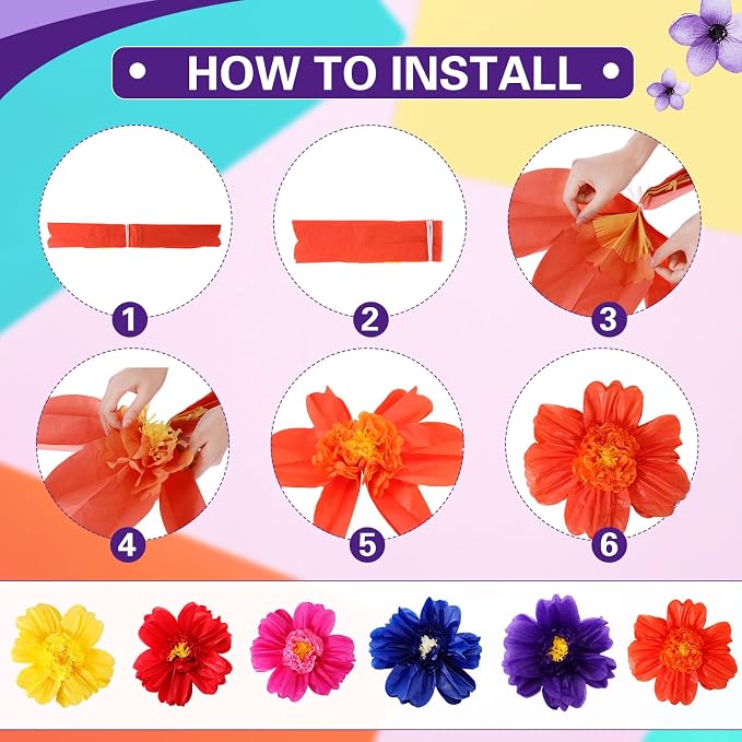 TaoBary Giant Tissue Paper Flowers, 20",10", Dark Colors, 12 Pcs | Complete 2 Size Set, Pre-folded for Easy Shaping, Mexican Paper Pom Poms, Lightweight for Fiesta and Birthday Wall Decor - Image 4