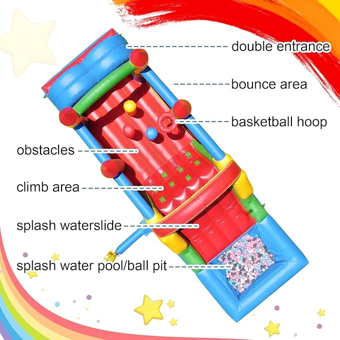 25FT Commercial Grade Bounce House for Adult, (Heavy Duty PVC)(950W UL Blower) Inflatable Obstacle Course, with Water Slide, Splash Water Pool Ball Pit, Large Backyard Lawn Party Game