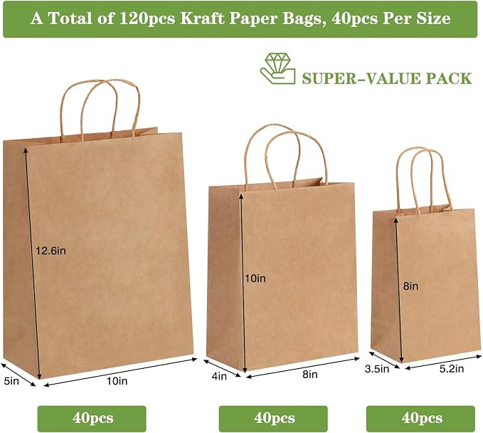OUTUXED 120pcs Paper Bags with Handles Assorted Sizes Kraft Brown Bags | Brown Paper Gift Bags with Handles Bulk 3 Mixed Sizes for Retail, Party, Birthday, Gift, Shopping, Business, Merchandise - Image 2