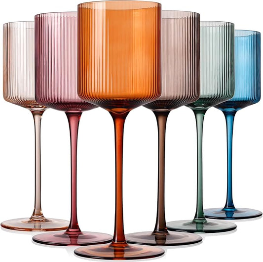 Colored Square Wine Glasses Set of 6, Elegant Ribbed Design Colorful Crystal Glassware with Long Stem, 11.5oz Hand Blown Stemware For Red & White Wine Home Bar Party- Multicolour