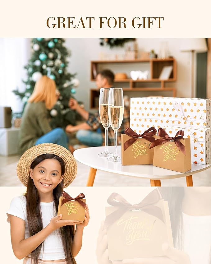 EQOREIIN 25 Pack Small Thank You Gift Bags with Ribbon, 4.5x1.8x3.9 Inches | Brown Party Favor Bags, Mini Paper Gift Bag Candy Treat Boxes for Birthday Wedding Bridal Baby Shower Mother's Day Christmas - Image 5
