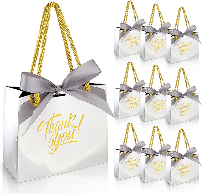 EQOREIIN 30 Pack Small Thank You Gift Bags with Handles & Ribbon, Silver | 5.5 x 2.4 x 4.7 Inches Mini Gift Bags for Girls Kids Birthday Mother's Day Wedding Christmas Goodie Candy Party Favors by EQOREIIN