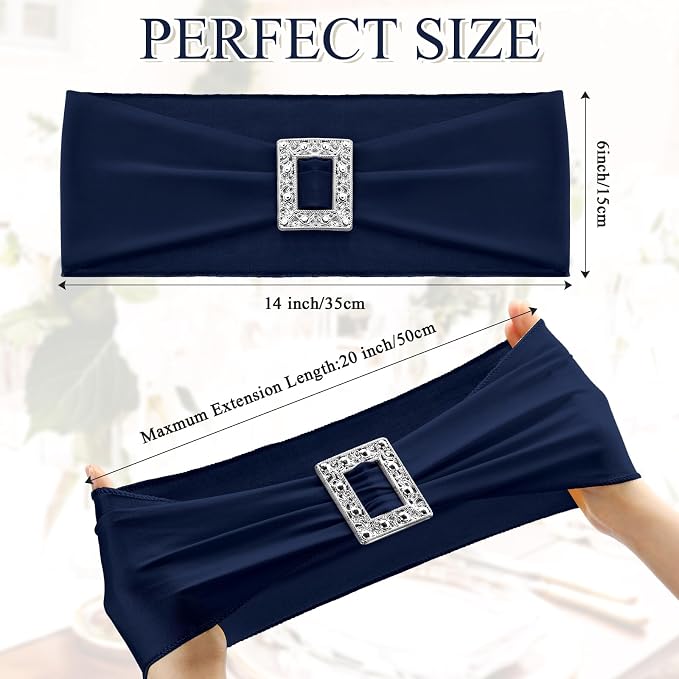 VitalCozy 100 Pcs Spandex Chair Sashes Wedding, Square Buckle, Navy Blue - Image 2